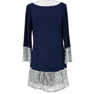 Oleg Cassini Dress Womens 8 Navy Blue Silver Sequins Hem n Cuffs Stretch Knit